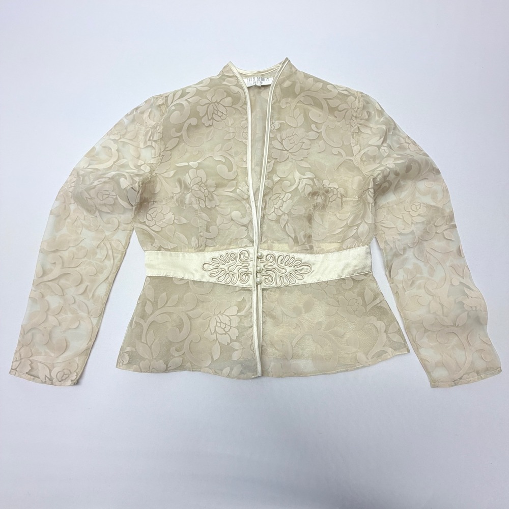 Ever Beauty Petite Floral Burnout Organza Jacket Cream Soutache Pearl Button 8P